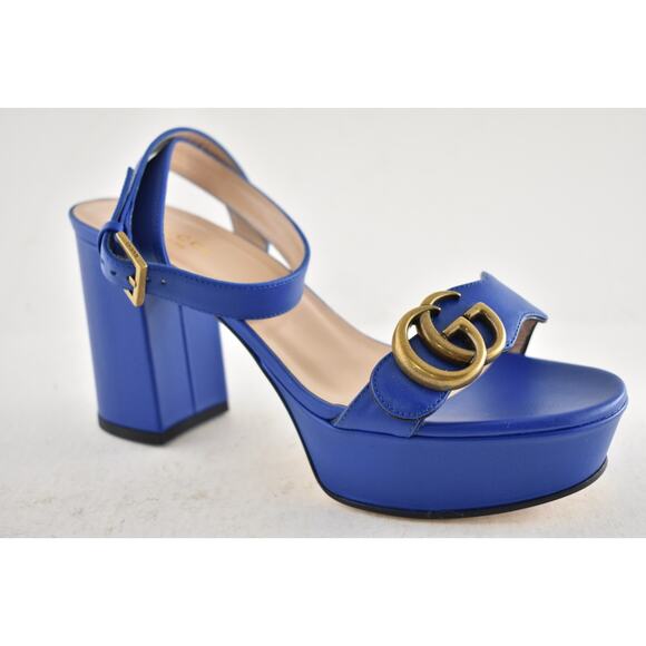 Gucci Marmont Blue Leather Gold G Logo Block Heel Ankle Strap Platform Sandal 36 - Picture 4 of 12